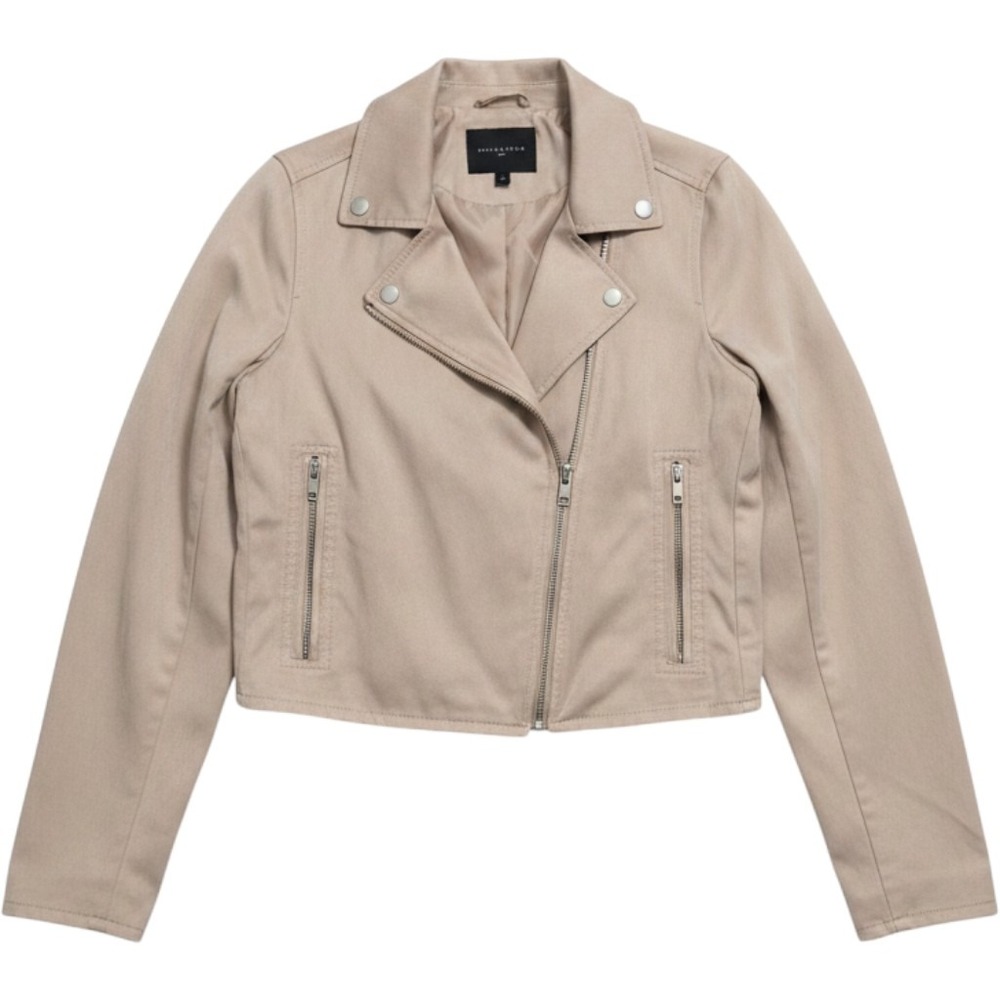 Abercrombie/Fitch Tan Twill Moto Jacket Womens XS Cropped Biker Streetwear Fall - Picture 2 of 6